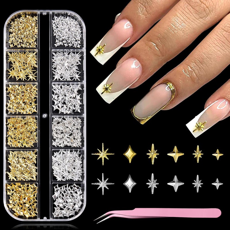 furtherpretty Gold Star Nail Charms, 3D Silver Nail Charms Metal Studs Cross Star Celestial Nail Decorations, Flat-Back Nail Art Accessories with Tweezers for Women, Manicure Salon Supplies - Image 1